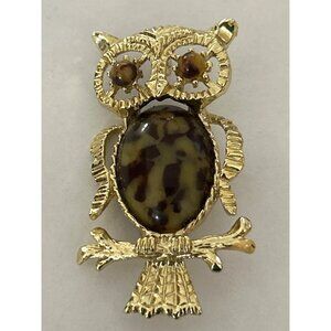 Vintage Gerrys Gold Tone Owl Brooch Pin With Resin Stone Eyes - 2 Inch